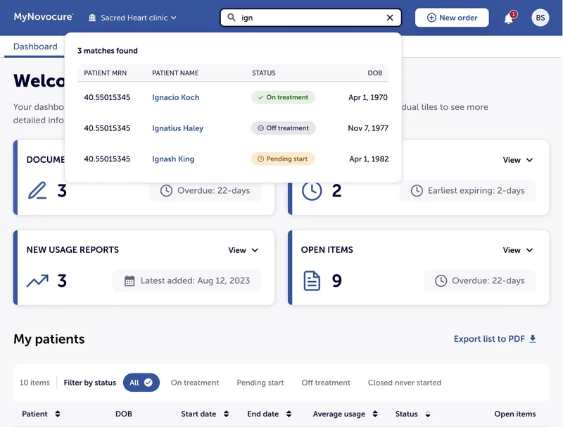 The MyNovocure dashboard for a clinic — a patient search open over the page listing matches with their treatment status and date of birth, tiles counting documents to sign, expiring prescriptions, new usage reports and open items, and a “My patients” table filterable by treatment status underneath.