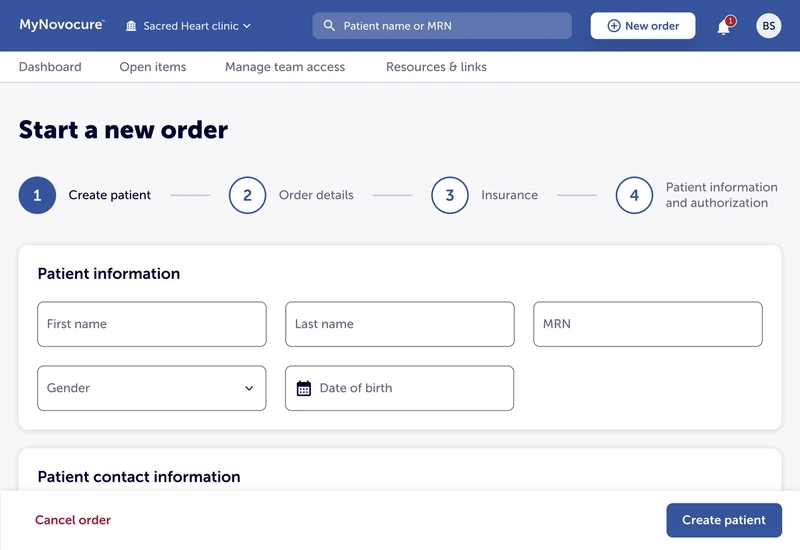 “Start a new order” — a four-step wizard running create patient, order details, insurance, then patient information and authorization, with the patient information form open on the first step.