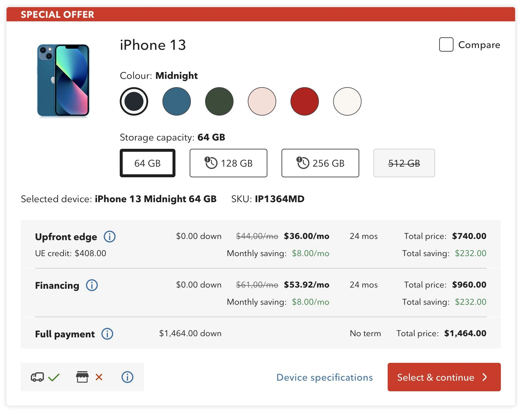 The redesigned OneView device tile — device photo, colour and storage selection, and the three payment options with their savings